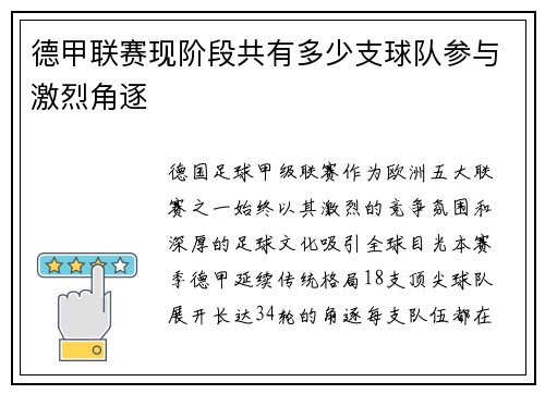 德甲联赛现阶段共有多少支球队参与激烈角逐